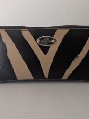 Coach F52710 Zebra Print Zip Around Wallet Black Tan Accordion